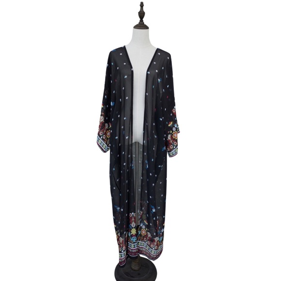 Boho Chic Black Floral Kimono Beach Coverup - Picture 10 of 16